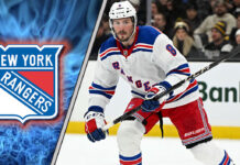 JT Miller skating with the New York Rangers logo in the background