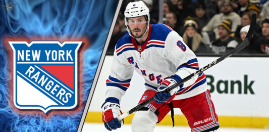 JT Miller skating with the New York Rangers logo in the background