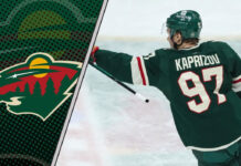 Minnesota Wild superstar Kirill Kaprizov looking focused during an NHL game as he contemplates his next contract.