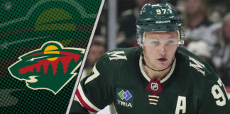 Minnesota Wild forward Kirill Kaprizov skates during an NHL game, with a focus on the ongoing contract rumors surrounding him