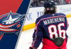 Kirill Marchenko skating hard for the Columbus Blue Jackets