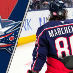 Kirill Marchenko skating hard for the Columbus Blue Jackets