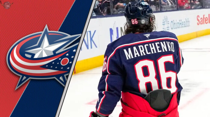 Kirill Marchenko skating hard for the Columbus Blue Jackets