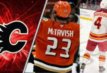 Mason McTavish skates in his Anaheim Ducks jersey, Rasmus Andersson in his Flames jersey, amidst persistent NHL trade rumors.