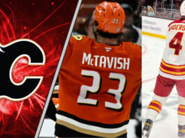Mason McTavish skates in his Anaheim Ducks jersey, Rasmus Andersson in his Flames jersey, amidst persistent NHL trade rumors.