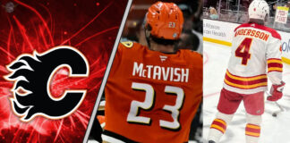 Mason McTavish skates in his Anaheim Ducks jersey, Rasmus Andersson in his Flames jersey, amidst persistent NHL trade rumors.
