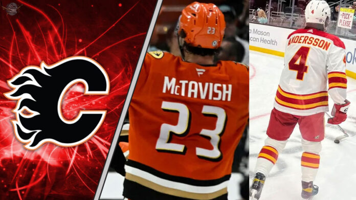 Mason McTavish skates in his Anaheim Ducks jersey, Rasmus Andersson in his Flames jersey, amidst persistent NHL trade rumors.