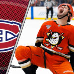Mason McTavish in his Anaheim Ducks jersey, celebrating a goal, with a Montreal Canadiens logo to the left signifying NHL trade rumors