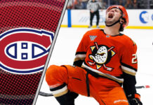 Mason McTavish in his Anaheim Ducks jersey, celebrating a goal, with a Montreal Canadiens logo to the left signifying NHL trade rumors