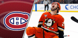 Mason McTavish in his Anaheim Ducks jersey, celebrating a goal, with a Montreal Canadiens logo to the left signifying NHL trade rumors