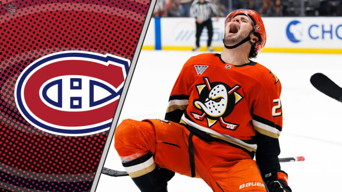 Mason McTavish in his Anaheim Ducks jersey, celebrating a goal, with a Montreal Canadiens logo to the left signifying NHL trade rumors