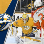 Mason McTavish in action, with the Nashville Predators logo to the left representing the latest NHL trade rumors