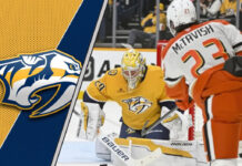 Mason McTavish in action, with the Nashville Predators logo to the left representing the latest NHL trade rumors