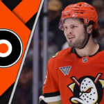 Another Ducks Star to the Flyers? Analyzing the Mason McTavish Trade Rumors Mason McTavish in an Anaheim Ducks jersey skating with the Philadelphia Flyers logo to the left