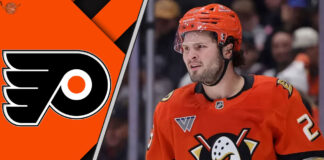 Mason McTavish in an Anaheim Ducks jersey skating with the Philadelphia Flyers logo to the left