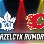 Matt Grzelcyk Rumors: Analyzing Two Potential Landing Spots for the Top Free Agent Defenseman Logos of the Toronto Maple Leafs and Calgary Flames on a hockey rink with the text 'Grzelcyk Rumors' below them, signifying NHL trade rumors.