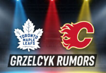 Logos of the Toronto Maple Leafs and Calgary Flames on a hockey rink with the text 'Grzelcyk Rumors' below them, signifying NHL trade rumors.