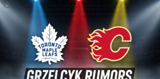 Logos of the Toronto Maple Leafs and Calgary Flames on a hockey rink with the text 'Grzelcyk Rumors' below them, signifying NHL trade rumors.