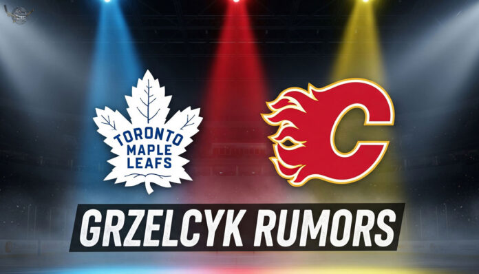matt-grzelcyk-free-agent-rumors Logos of the Toronto Maple Leafs and Calgary Flames on a hockey rink with the text 'Grzelcyk Rumors' below them, signifying NHL trade rumors.