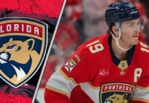 Florida Panthers forward Matthew Tkachuk skating on the ice during a game, highlighting the latest news about his injury and LTIR status.