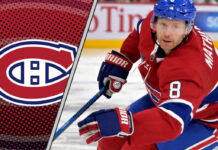 Montreal Canadiens defenseman Mike Matheson skates with the puck during an NHL game, with NHL trade rumors swirling around his future with the team