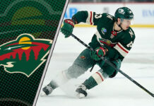 Minnesota Wild forward Marco Rossi skating with the puck during an NHL game.