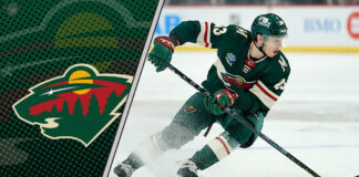 Minnesota Wild forward Marco Rossi skating with the puck during an NHL game.