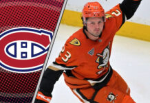 Mason McTavish celebrating a goal with a Montreal Canadiens logo to the left indicating the latest NHL Rumors