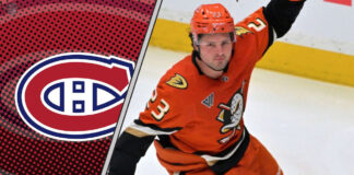 Mason McTavish celebrating a goal with a Montreal Canadiens logo to the left indicating the latest NHL Rumors