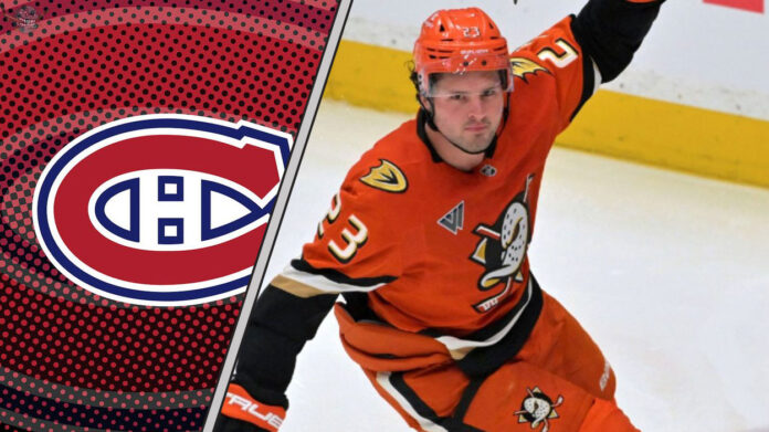 Mason McTavish celebrating a goal with a Montreal Canadiens logo to the left indicating the latest NHL Rumors
