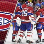 Montreal Canadiens' young core, including Nick Suzuki and Cole Caufield, on the ice at the Bell Centre, representing the team's bright future and rebuild strategy.