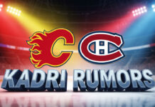 Image featuring the Calgary Flames and Montreal Canadiens logos side-by-side. Below the logos, the words "Kadri Rumors" are written in a large, 3D font.