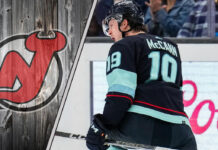 Seattle Kraken forward celebrating a goal with the New Jersey Devils logo to the left as NHL trade rumors swirl around him