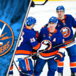 New York Islanders logo with the team celebrating a win on the ice