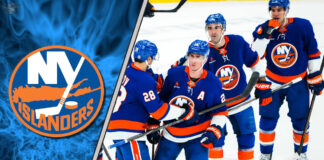 New York Islanders logo with the team celebrating a win on the ice