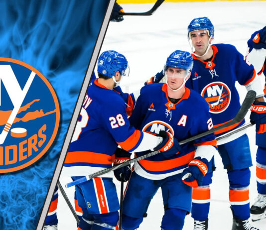 New York Islanders logo with the team celebrating a win on the ice