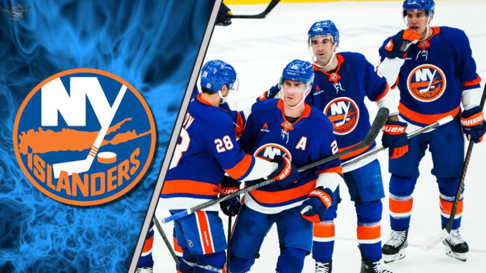 New York Islanders logo with the team celebrating a win on the ice