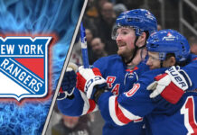 New York Rangers forwards Artemi Panarin and Alexis Lafreniere skate during a game, with the latest New York Rangers rumors suggesting a potential trade.