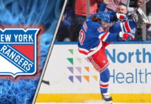 New York Rangers star Artemi Panarin celebrating a goal, with the latest New York Rangers rumors about his contract extension in the background