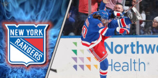 New York Rangers star Artemi Panarin celebrating a goal, with the latest New York Rangers rumors about his contract extension in the background
