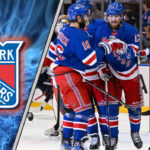 An image collage featuring the New York Rangers logo, player photos of Artemi Panarin and Mika Zibanejad