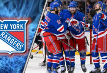 An image collage featuring the New York Rangers logo, player photos of Artemi Panarin and Mika Zibanejad