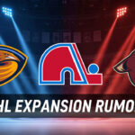 The NHL’s 34-Team Plan: Are These the Two Cities Bettman Has Already Chosen? A dynamic banner showcasing three bold, vibrant logos: the Atlanta Thrashers, Quebec Nordiques, and Phoenix Coyotes.