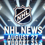 Widescreen image showing the NHL logo in the center of a dimly lit ice hockey arena, with bright white spotlights shining down. The ice reflects the lights and the stands glow faintly in the background. Beneath the logo, the words "NHL News August 27" are displayed in bold, vibrant 3D bi-color text