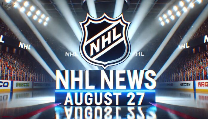 The End of an Era for NHL Contracts? Widescreen image showing the NHL logo in the center of a dimly lit ice hockey arena, with bright white spotlights shining down. The ice reflects the lights and the stands glow faintly in the background. Beneath the logo, the words "NHL News August 27" are displayed in bold, vibrant 3D bi-color text