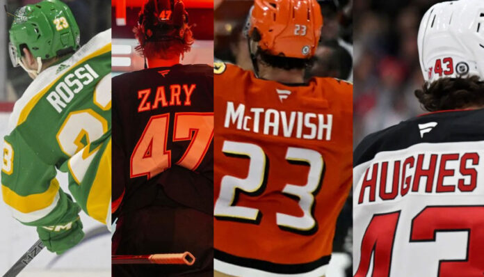 Rossi, Zary, McTavish, Hughes: What's the Holdup? Image of NHL players Luke Hughes, Marco Rossi, Mason McTavish, and Connor Zary looking determined.