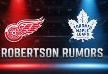 The Detroit Red Wings and Toronto Maple Leafs logos are featured side-by-side with the text "Robertson Rumors" in a large font below.