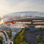 Ottawa Senators’ New Arena at LeBreton Flats Moves One Step Closer Modern rendering of the new Ottawa Senators arena, situated on the banks of the Ottawa River with the city skyline in the background.