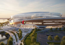 Modern rendering of the new Ottawa Senators arena, situated on the banks of the Ottawa River with the city skyline in the background.