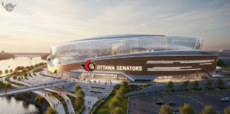 Modern rendering of the new Ottawa Senators arena, situated on the banks of the Ottawa River with the city skyline in the background.